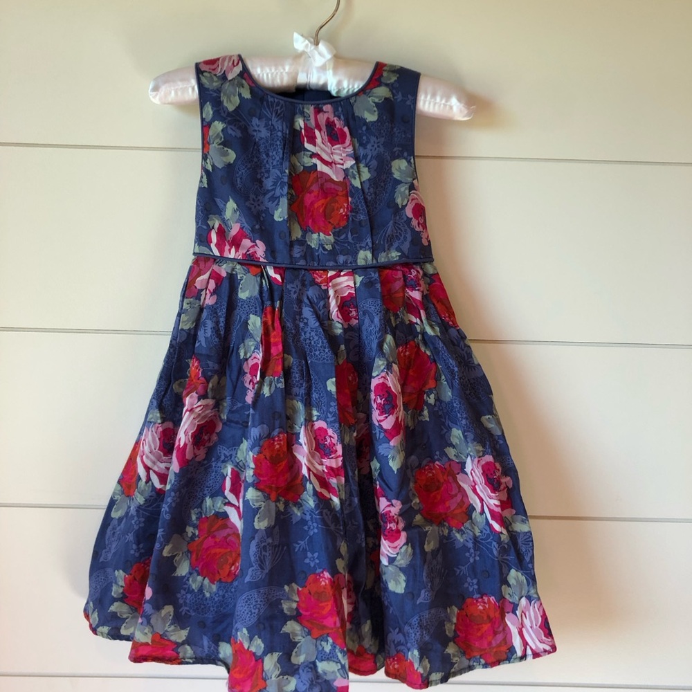 Monsoon Floral Blue Sleeveless Dress Girls Size 3-4